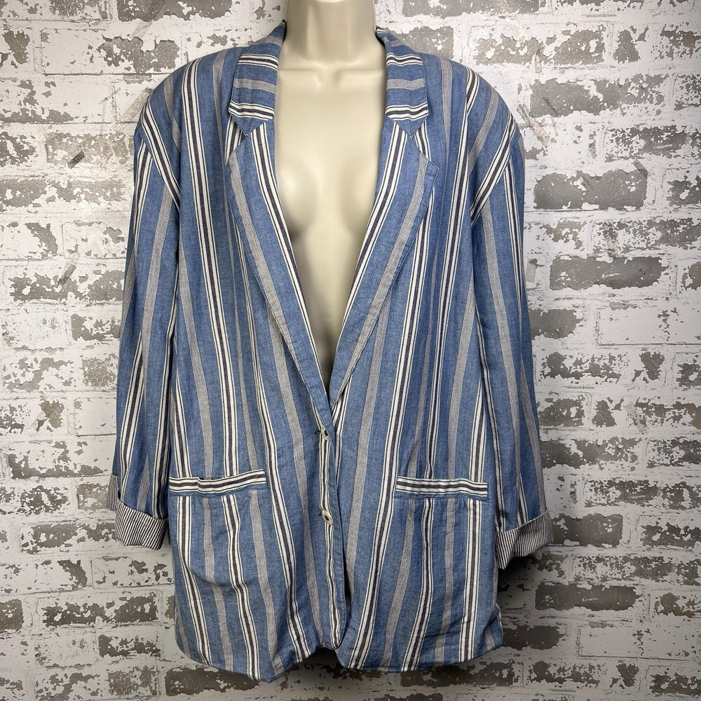Vtg 80's Ann Taylor L Chambray Blazer Blue Stripes Shoulder Pads Oversized